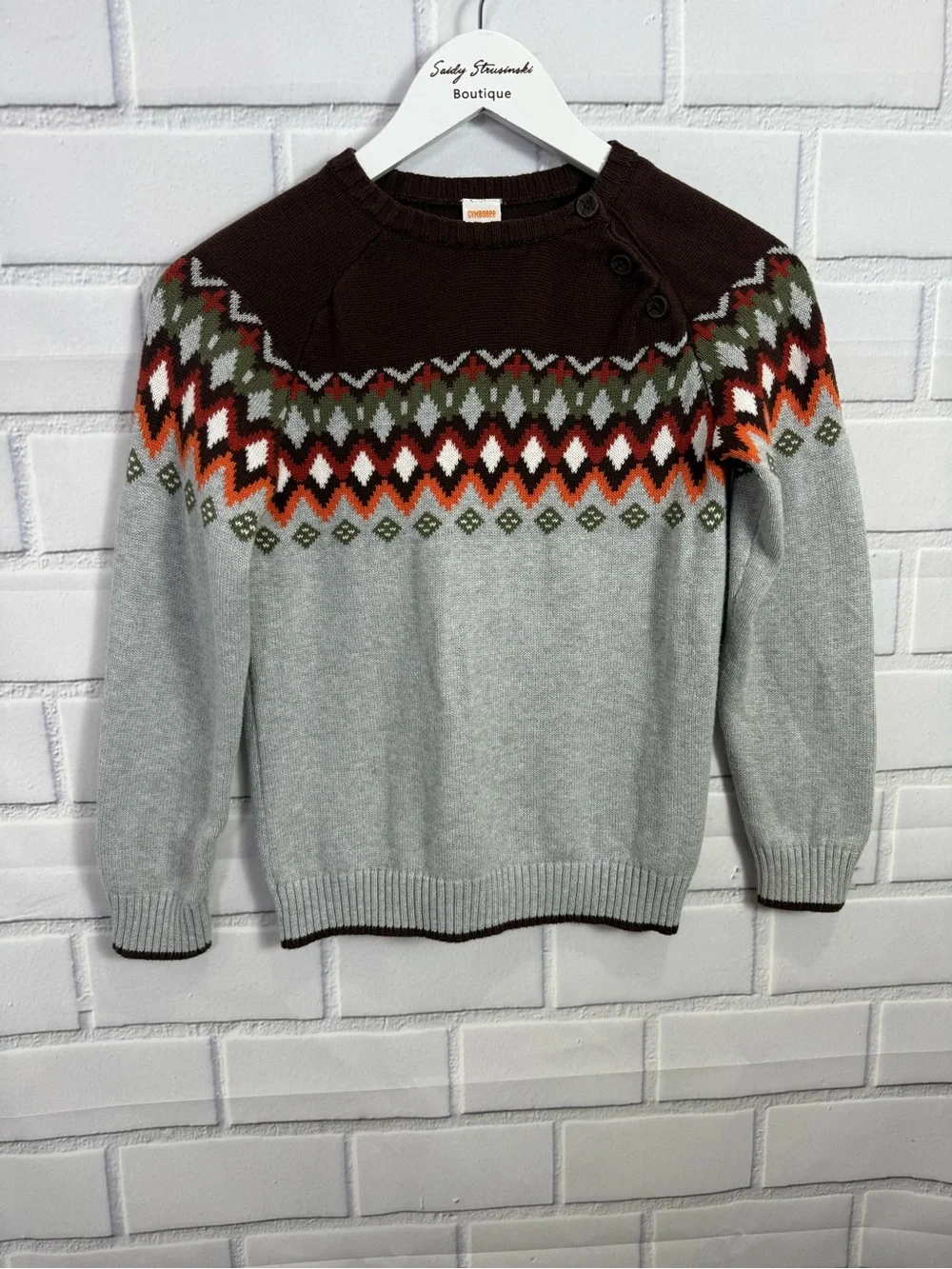 Gymboree Boys Fair Isle Sweater Size 8 Gray Brown Cotton Knit